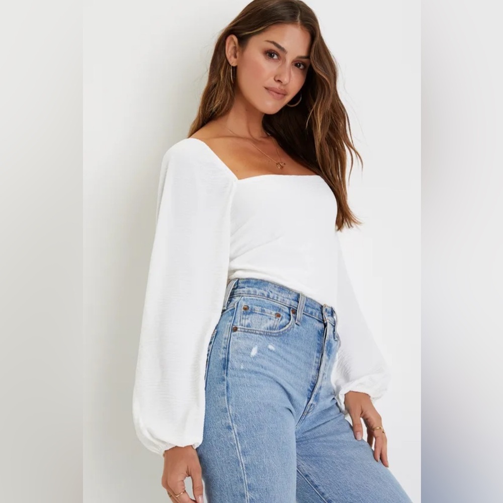 Lulus Abundance of Love White Textured Long Sleeve Tie-Back Bodysuit Small NEW - Picture 2 of 4
